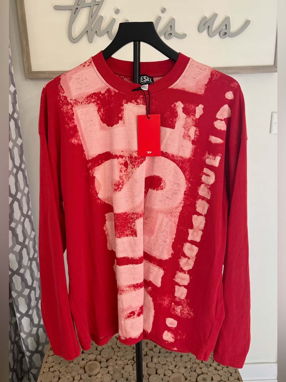 Diesel Red and Cream Logo Crewneck Sweater